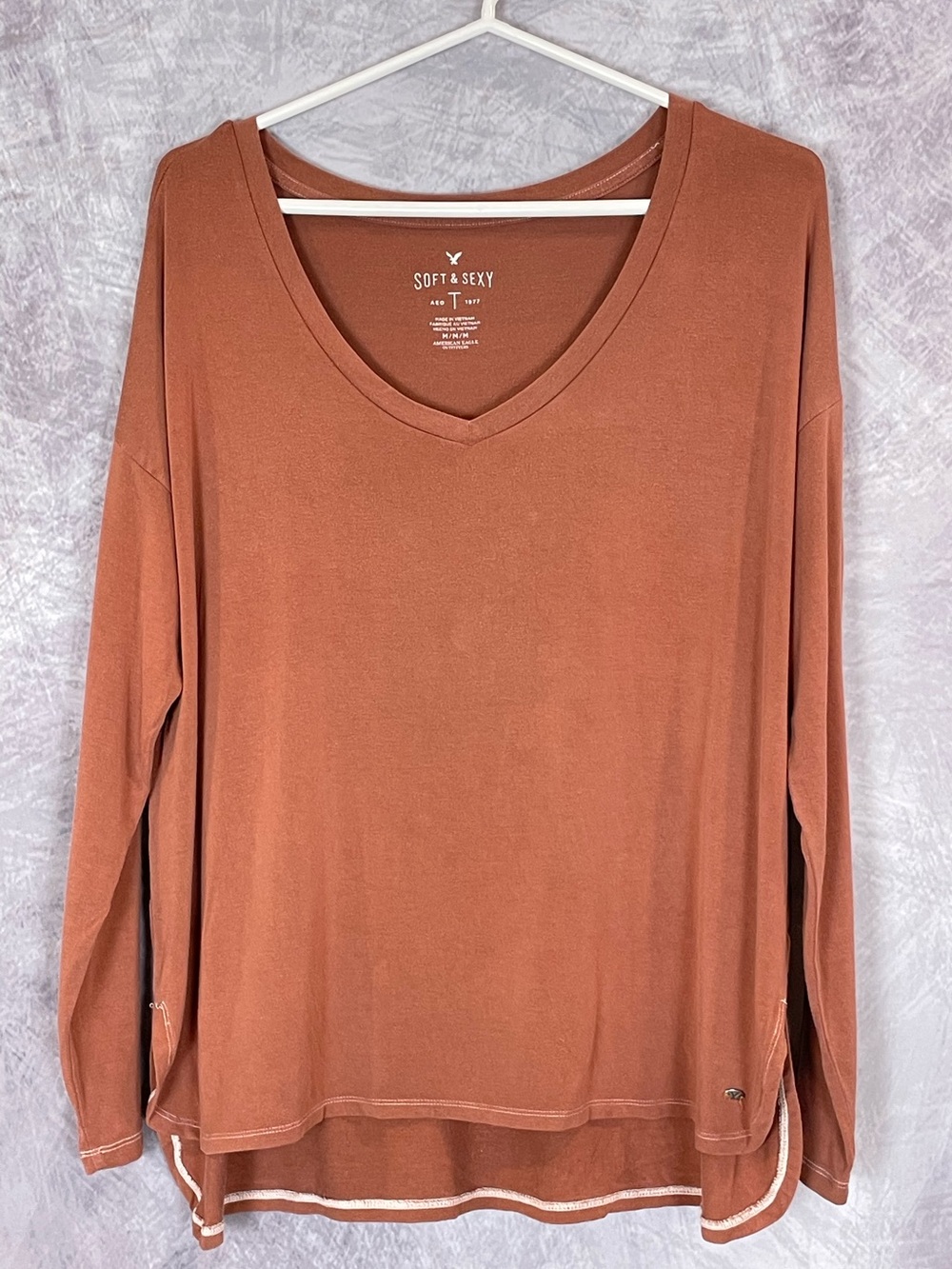 American Eagle Soft & Sexy  Long Sleeve V-Neck Top in Rust size Medium